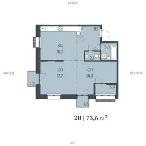 2-к квартира, строящийся дом, 74м2, 2/12 этаж
