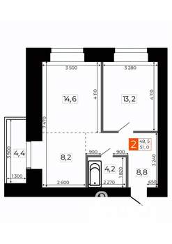 2-к квартира, строящийся дом, 51м2, 7/9 этаж