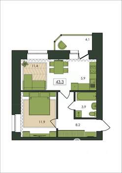 1-к квартира, строящийся дом, 43м2, 7/9 этаж