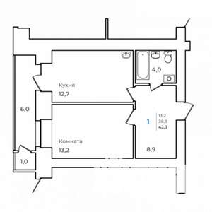 1-к квартира, строящийся дом, 42м2, 14/14 этаж