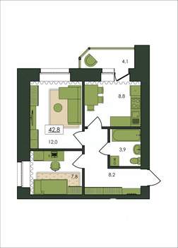 2-к квартира, строящийся дом, 43м2, 8/9 этаж