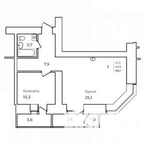 1-к квартира, строящийся дом, 49м2, 3/14 этаж