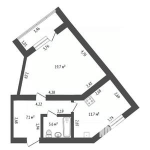 1-к квартира, вторичка, 42м2, 6/9 этаж