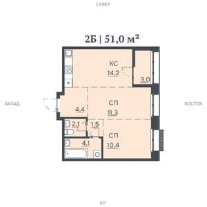 2-к квартира, строящийся дом, 51м2, 9/12 этаж