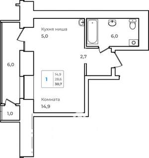 1-к квартира, строящийся дом, 31м2, 3/14 этаж