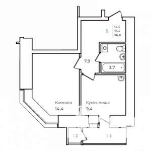 1-к квартира, строящийся дом, 37м2, 2/14 этаж