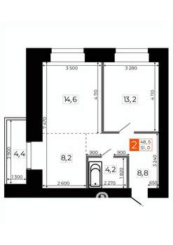 2-к квартира, строящийся дом, 51м2, 8/9 этаж