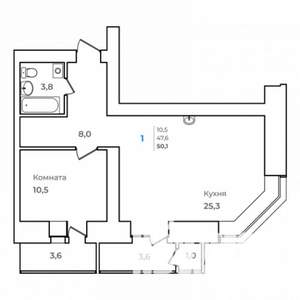 1-к квартира, строящийся дом, 50м2, 14/14 этаж
