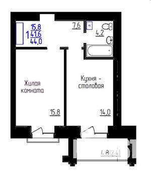 1-к квартира, вторичка, 44м2, 7/9 этаж
