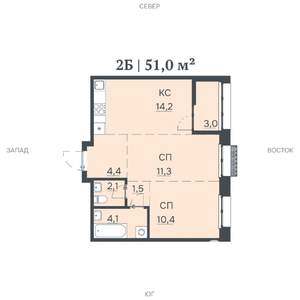 2-к квартира, строящийся дом, 51м2, 4/12 этаж