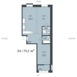 2-к квартира, строящийся дом, 75м2, 2/12 этаж