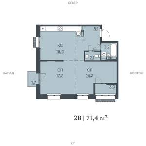 2-к квартира, строящийся дом, 71м2, 4/12 этаж